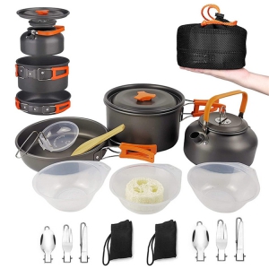 Camping cookware mess kit with kettle